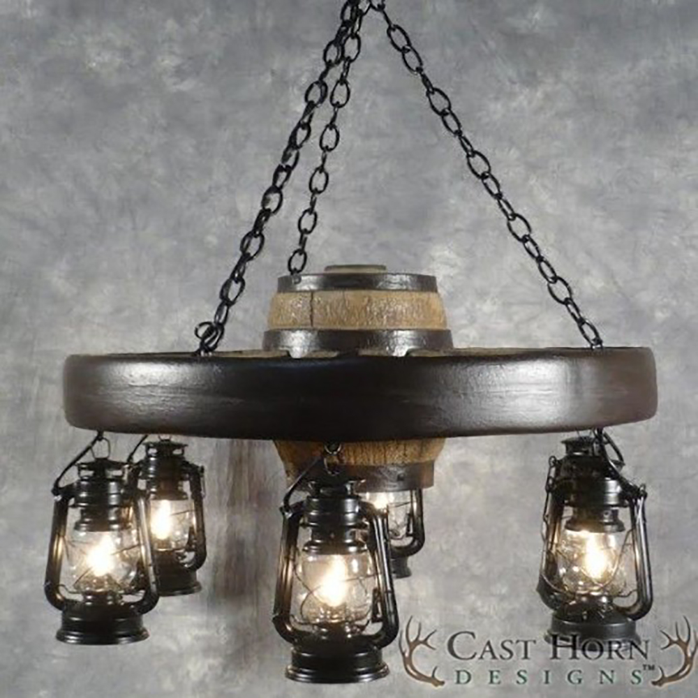 Small Wagon Wheel Chandelier with Lanterns WWSSL